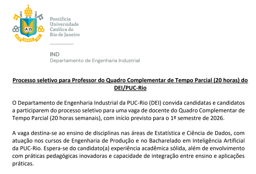 Call for Applications – Part-Time Faculty Position (20h) – DEI/PUC-Rio