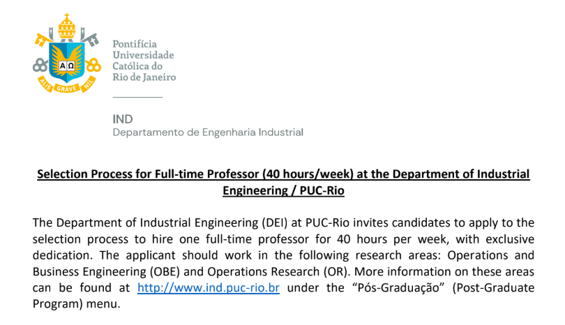 Selection Process for Full-time Professor (40 hours/week) at the Department of Industrial Engineering / PUC-Rio